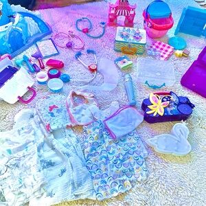 Pink and Blue Doll Accessories Set with Sparkly Dress and Umbrella